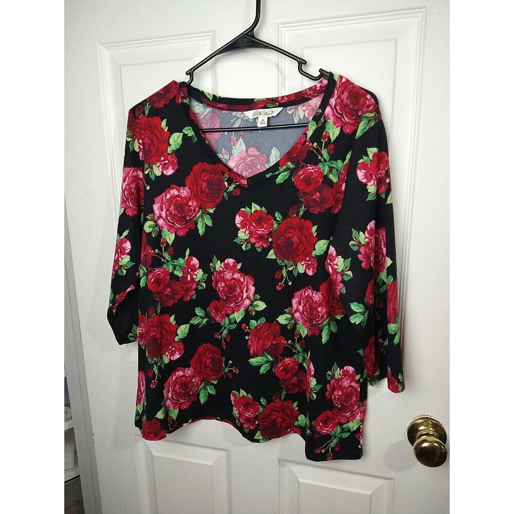 Pioneer Woman M Blouse Black Red Floral V Neck 3/4 Sleeves
